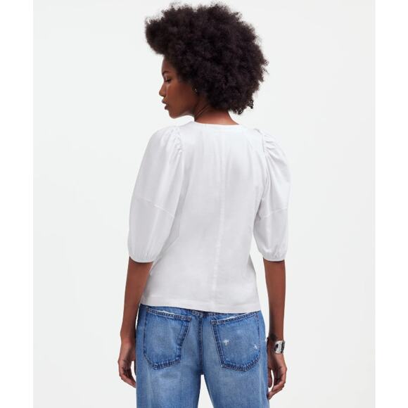 Madewell Puff-Sleeve Tee WMNS XS White Crew Neck Cotton Relaxed Fit Ruffle Trim - Picture 2 of 8